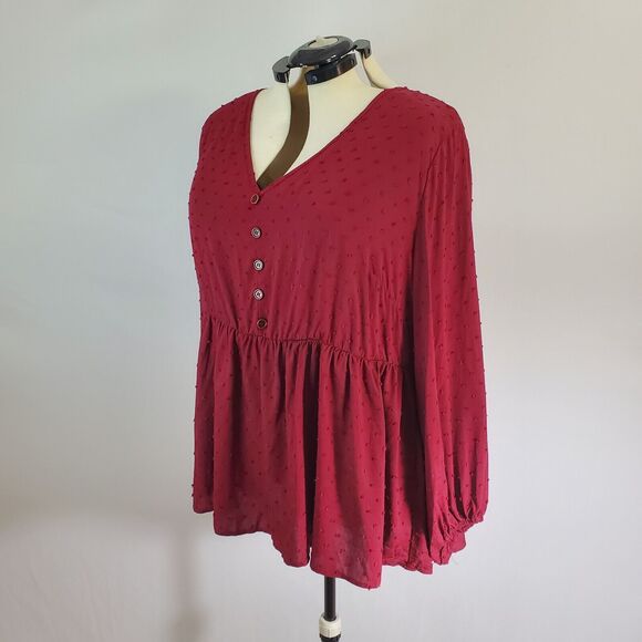 Bloomchic Blouse Women's 3X Burgundy Long Sleeve Button Detail Fabric Dots NWT - Picture 3 of 8